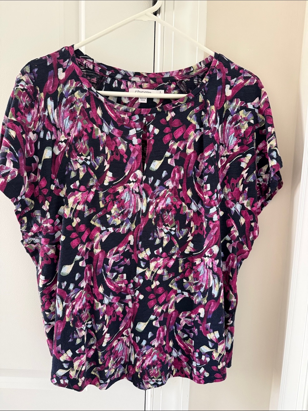 Chico's Floral Print Scoop Neck Top - Navy & Magenta